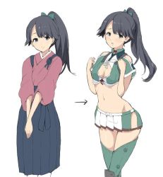 Rule 34 | 1girl, alternate costume, amagi (kancolle), amagi (kantai collection) (cosplay), breasts, cleavage, cosplay, houshou (kancolle), kantai collection, look-alike, md5 mismatch, multiple views, pantyhose, ponytail, resized, resolution mismatch, small breasts, source larger, sumisu (mondo), thighhighs