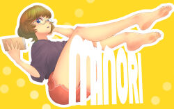 Rule 34 | 1girl, barefoot, black shirt, blue eyes, book, brown hair, character name, commentary, dolphin shorts, feet, foot focus, foreshortening, glasses, grey-framed eyewear, hand in own hair, holding, holding book, ichinose minori, jj (ssspulse), looking at viewer, loungewear, open mouth, outline, precure, red shorts, round eyewear, shirt, short hair, shorts, simple background, soles, solo, t-shirt, toes, tropical-rouge! precure, white outline, yellow background