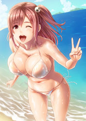 Rule 34 | 1girl, ;d, beach, bikini, blue sky, breasts, brown eyes, brown hair, cloud, collarbone, cowboy shot, day, dead or alive, dead or alive 5, hair ornament, highres, honoka (doa), large breasts, leaning forward, long hair, looking at viewer, mountain, navel, one eye closed, one side up, open mouth, outdoors, rokko, side-tie bikini bottom, sky, smile, solo, swimsuit, thighs, v, wet, wet clothes, wet swimsuit, white bikini, wide hips