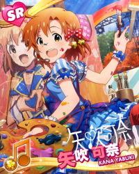 Rule 34 | 10s, 1girl, ahoge, art brush, brown eyes, brown hair, canvas (object), card (medium), character name, character signature, dress, easel, hair ribbon, headset, idolmaster, idolmaster million live!, looking at viewer, musical note, official art, paint splatter, paint splatter on face, paintbrush, painting (action), palette (object), puffy short sleeves, puffy sleeves, ribbon, self-portrait, short hair, short sleeves, signature, smile, solo, striped, vertical stripes, yabuki kana