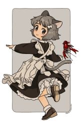 Rule 34 | 1girl, akai sashimi, animal ears, black dress, border, brown footwear, cat ears, cat tail, dress, from behind, full body, grey background, leg up, lobster, original, outside border, shoes, signature, simple background, socks, solo, standing, tail, white border