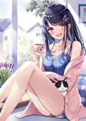 Rule 34 | 1girl, :d, animal, animal on lap, bare shoulders, black hair, blue camisole, blue eyes, blue shorts, blurry, blurry background, blush, breasts, camisole, cat, cleavage, collarbone, cup, day, depth of field, feet out of frame, flower, hair ornament, hairclip, hand up, holding, holding cup, house, indoors, jacket, knees up, long hair, looking at viewer, medium breasts, off shoulder, on lap, open clothes, open jacket, open mouth, original, pillow, pink jacket, plaid, purple flower, sakura hiyori, short shorts, shorts, sitting, smile, solo, striped clothes, striped shorts, twitter username, vertical-striped clothes, vertical-striped shorts