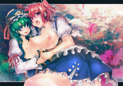 Rule 34 | 2girls, ajishio, breasts, female focus, flower, green hair, hair bobbles, hair ornament, holding hands, hat, interlocked fingers, large breasts, multiple girls, nipples, onozuka komachi, open clothes, open mouth, open shirt, red eyes, red hair, shiki eiki, shirt, short hair, spider lily, touhou, twintails, two side up, yuri
