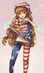 Rule 34 | 1girl, american flag dress, american flag legwear, american flag shirt, berabou, blonde hair, blush, clothes lift, clownpiece, dress, dress lift, fairy wings, gradient background, hat, highres, jester cap, long hair, looking at viewer, no panties, orange hair, panties, panty pull, pantyhose, print pantyhose, red eyes, shirt, shirt lift, short sleeves, smile, solo, star (symbol), striped clothes, striped dress, striped pantyhose, tongue, tongue out, touhou, underwear, very long hair, wings