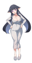 Rule 34 | 1girl, :d, animal ears, aningay, black hair, blue hair, breasts, cleavage, commentary request, cropped jacket, dongtan dress, dress, full body, grey dress, grey footwear, grey jacket, hands on own hips, head tilt, highres, jacket, korean commentary, large breasts, long sleeves, looking at viewer, meme attire, multicolored hair, open clothes, open jacket, open mouth, original, purple eyes, simple background, sleeves past wrists, slippers, smile, solo, two-tone hair, v-shaped eyebrows, white background
