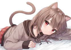 Rule 34 | 1girl, animal ear fluff, animal ears, anz32, arm up, bed sheet, brown hair, brown hoodie, cat ears, cat girl, cat tail, closed mouth, commentary request, drawstring, hand up, hood, hood down, hoodie, long hair, long sleeves, looking at viewer, lying, nail polish, nina (anz32), on stomach, original, pink nails, plaid, plaid skirt, pleated skirt, red eyes, red skirt, skirt, sleeves past wrists, solo, tail, twitter username, white background