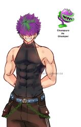 Rule 34 | 1boy, arms behind back, belt, black pants, black tank top, blood, blood on arm, blue belt, chain, character name, chomper, chomper (plants vs zombies), commentary request, covered eyes, cowboy shot, facing viewer, green chain, green hair, hair over eyes, hands behind, highres, humanization, looking at viewer, male focus, multicolored clothes, multicolored hair, multicolored pants, muscular, muscular arms, muscular male, pants, pectorals, personification, plant, plants vs zombies, pouch, purple hair, reka-san, sharp teeth, shirt, short hair, simple background, skin tight, skin tight clothing, sleeveless, smile, spiked hair, tagme, tank top, teeth, toned, toned male, toned stomach, turtleneck, turtleneck shirt, venus flytrap, white background, white stripes