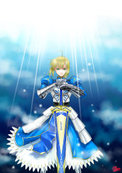 Rule 34 | 1girl, ahoge, armor, armored dress, artoria pendragon (fate), avalon (fate/stay night), blonde hair, dress, excalibur (fate/stay night), fate/stay night, fate (series), gauntlets, green eyes, neco (necocan), planted sword, planted, saber (fate), sheath, sheathed, solo, sword, weapon