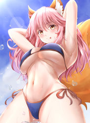 Rule 34 | 1girl, absurdres, animal ear fluff, animal ears, bikini, blue bikini, blue sky, blush, breasts, cleavage, cloud, cloudy sky, commentary, commentary request, fate/grand order, fate (series), fox ears, fox girl, fox tail, groin, highres, huge filesize, large breasts, long hair, looking at viewer, looking down, navel, outdoors, pink hair, side-tie bikini bottom, sky, solo, string bikini, sweat, swimsuit, tail, tamamo (fate), tamamo no mae (fate/extra), tamamo no mae (swimsuit lancer) (fate), tongue, underboob, yellow eyes, yoshimoto (carpsukidayo)