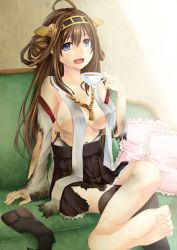 Rule 34 | 10s, 1girl, ahoge, bad anatomy, barefoot, blue eyes, breasts, brown hair, creek (moon-sky), cup, double bun, feet, hair ornament, hairband, headgear, japanese clothes, kantai collection, kongou (kancolle), long hair, miko, nontraditional miko, open mouth, personification, single thighhigh, sitting, solo, teacup, thighhighs, unworn thighhighs, torn clothes