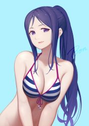 Rule 34 | 10s, 1girl, alternate costume, artist name, bikini, blue background, bon nob, breasts, cleavage, eyelashes, halterneck, large breasts, lipstick, long hair, looking at viewer, love live!, love live! school idol festival, love live! school idol project, love live! sunshine!!, makeup, matsuura kanan, pink lips, pom pom (clothes), ponytail, purple eyes, purple hair, signature, simple background, solo, stomach, striped bikini, striped clothes, swept bangs, swimsuit, upper body, v arms