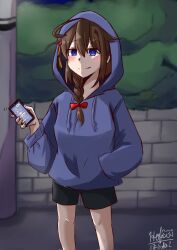 Rule 34 | 1girl, ahoge, alternate costume, black shorts, blue eyes, blue sweater, brick wall, brown hair, cellphone, commentary request, feet out of frame, hair over shoulder, hand in pocket, highres, hofuneko, hood, hooded sweater, hoodie, kantai collection, long hair, phone, shigure (kancolle), shigure kai san (kancolle), shorts, signature, smartphone, solo, sweater, tongue, tongue out, utility pole