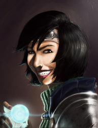 Rule 34 | 1990s (style), 1girl, absurdres, armor, black hair, brown eyes, final fantasy, final fantasy vii, fingerless gloves, gloves, glowing, grin, headband, highres, lens flare, lipstick, looking at viewer, makeup, materia, nail polish, pauldrons, portrait, short hair, shoulder armor, signature, smile, solo, steven donegani, sweater, turtleneck, yuffie kisaragi