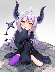 Rule 34 | 1girl, absurdres, ahoge, arm between legs, black coat, blush, braid, coat, commentary, demon girl, demon horns, demon tail, grey hair, hair between eyes, hand to own mouth, highres, hololive, holox, horns, kneeling, la+ darknesss, long hair, long sleeves, looking at viewer, multicolored hair, on floor, open mouth, pepamaro, pointy ears, purple hair, purple thighhighs, simple background, single thighhigh, sleeves past wrists, slit pupils, solo, streaked hair, striped horns, tail, thighhighs, very long hair, virtual youtuber, white background, yellow eyes