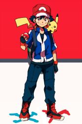 Rule 34 | 1boy, ash ketchum, backpack, bag, baseball cap, black hair, brown eyes, chokota, creatures (company), facial mark, full body, game freak, gen 1 pokemon, hat, holding, holding poke ball, looking at viewer, male focus, multicolored background, nintendo, on shoulder, pikachu, poke ball, poke ball (basic), pokemon, pokemon (anime), pokemon (creature), pokemon bw (anime), shoes, simple background, smile, sneakers, whisker markings