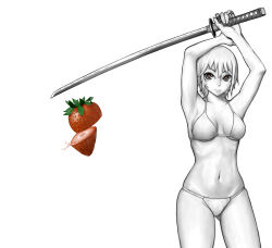 Rule 34 | 1girl, armpits, arms up, bare shoulders, bikini, breasts, cleavage, collarbone, colored skin, cutting, food, fruit, groin, hair between eyes, highres, hip focus, holding, holding up, lips, looking at viewer, metal akira, monochrome, navel, original, red eyes, ribs, serious, short hair, sideboob, sidelocks, simple background, solo, spot color, standing, strawberry, swimsuit, sword, thighs, underboob, weapon, white background, white bikini, white hair, white skin, white theme