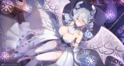 Rule 34 | 1girl, bedroom, blush, breasts, cleavage, dress, duel monster, hair between eyes, horns, hsin, looking at viewer, lovely labrynth of the silver castle, on bed, pointy ears, short hair, silver hair, sitting, thighhighs, white dress, wings, yu-gi-oh!