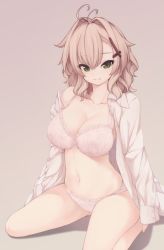 Rule 34 | 1girl, antenna hair, arms at sides, blonde hair, bra, breasts, cleavage, closed mouth, collarbone, collared shirt, copyright request, gluteal fold, green eyes, hair intakes, hair ornament, hairclip, large breasts, long sleeves, looking at viewer, medium breasts, natsuki teru, navel, off shoulder, panties, pink bra, pink panties, shirt, simple background, single bare shoulder, sitting, sleeves past wrists, smile, solo, stomach, underwear, wariza, white shirt, wing collar