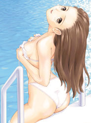 Rule 34 | 1girl, ass, back, bikini, breasts, brown eyes, brown hair, copyright request, covering privates, covering breasts, from behind, long hair, looking at viewer, looking back, looking up, pool, pool ladder, poolside, reflection, sitting, soaking feet, solo, sunlight, swimsuit, tony taka, untied, water, wet, white bikini