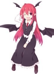 Rule 34 | 1girl, ;d, akagashi hagane, arm behind head, arm up, bat wings, black skirt, fang, frills, full body, head wings, koakuma, long hair, long skirt, long sleeves, looking at viewer, md5 mismatch, necktie, one eye closed, open mouth, pointy ears, red eyes, red hair, resized, resolution mismatch, shoes, simple background, skirt, skirt set, smile, solo, source larger, touhou, vest, white background, wings