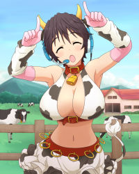 Rule 34 | 10s, 1girl, ^ ^, animal ears, animal print, arm warmers, armpits, bad id, bad pixiv id, bell, neck bell, breasts, brown hair, cleavage, closed eyes, collar, cow, cow ears, cow horns, cow print, cow tail, cowbell, elbow gloves, closed eyes, fake animal ears, fence, gloves, head tilt, headset, horns, house, idolmaster, idolmaster cinderella girls, large breasts, midriff, mountain, nash (na-si), navel, oikawa shizuku, open mouth, pink gloves, short hair, solo, tail