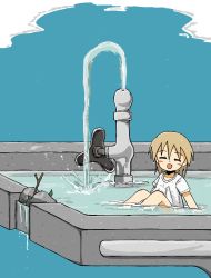 Rule 34 | 1girl, :d, ^ ^, absurdres, blonde hair, blush stickers, closed eyes, day, drinking fountain, highres, kishimen udn, mini person, minigirl, open mouth, original, outdoors, partially submerged, rock, sitting, smile, solo, stick, water, wet, wet clothes