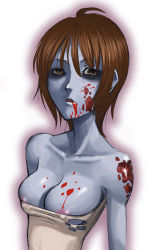 Rule 34 | 1girl, ahoge, areola slip, bags under eyes, bare shoulders, blood, breasts, brown eyes, brown hair, collarbone, colored skin, dress, grey skin, injury, large breasts, lowres, monster girl, okayado, original, short hair, solo, strapless, strapless dress, taut clothes, taut dress, upper body, zombie