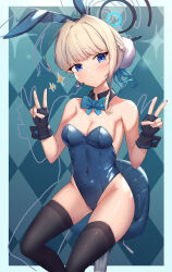 Rule 34 | 1girl, animal ears, argyle, argyle background, argyle clothes, bare shoulders, black collar, black gloves, black thighhighs, blonde hair, blue archive, blue background, blue bow, blue bowtie, blue hairband, blue leotard, bow, bowtie, braid, breasts, bun cover, cleavage, closed mouth, collar, commentary request, covered navel, detached collar, double v, fake animal ears, feet out of frame, fingerless gloves, gloves, hair bun, hairband, halo, head tilt, headset, highres, leotard, medium breasts, playboy bunny, rabbit ears, sidelocks, sitting, solo, stool, strapless, strapless leotard, thighhighs, thighs, toki (blue archive), uneg, v, wing collar