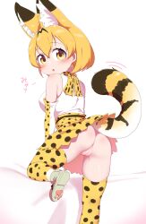 Rule 34 | 1girl, absurdres, animal ears, anus, ass, bed, blonde hair, blush, bob cut, bow, bowtie, breasts, chis (js60216), cleft of venus, climbing, crotch seam, detached sleeves, dress, elbow gloves, extra ears, fang, from behind, fur collar, gloves, grey footwear, high-waist skirt, highres, kemono friends, knee up, leaning forward, looking at viewer, looking back, medium breasts, motion lines, no panties, print bow, print bowtie, print gloves, print skirt, print thighhighs, pussy, serval (kemono friends), serval print, shirt, shoes, short hair, skirt, sleeveless, sleeveless dress, sleeveless shirt, solo, striped tail, tail, thighhighs, uncensored, white bow, white bowtie, white shirt, yellow eyes, yellow gloves, yellow skirt, yellow thighhighs