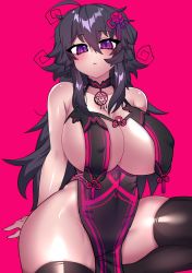 Rule 34 | 1girl, ahoge, black thighhighs, breasts, china dress, chinese clothes, choker, commentary, covered erect nipples, crawling dreams, dress, english commentary, hair ornament, heart, heart-shaped pupils, highres, huge breasts, long hair, messy hair, nipples, nyarla (osiimi), osiimi, pendant choker, pink background, purple eyes, purple hair, revealing clothes, simple background, smile, symbol-shaped pupils, thick thighs, thighhighs, thighs, very long hair, wide hips