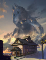 Rule 34 | architecture, bad id, bad pixiv id, cloud, cloudy sky, day, door, east asian architecture, fantasy, fence, house, miso katsu, moomin, moomintroll, no humans, original, outdoors, power lines, road, scenery, sky, street, sunset, utility pole