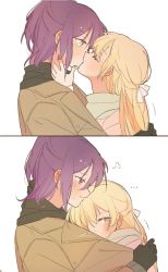 Rule 34 | ..., 2girls, bang dream!, blonde hair, blush, closed mouth, commentary request, dated commentary, ear blush, embarrassed, closed eyes, from side, highres, kiss, looking at another, looking away, looking to the side, multiple girls, purple hair, seri (vyrlw), seta kaoru, shirasagi chisato, yuri