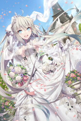Rule 34 | 1girl, blue eyes, blue sky, bouquet, bow, braid, breasts, bridal veil, church, cleavage, dress, elbow gloves, fate/grand order, fate (series), flower, french braid, gabiran, gloves, grey hair, hair bow, highres, large breasts, long hair, looking at viewer, morgan le fay (fate), open mouth, ponytail, sidelocks, sky, smile, solo, veil, very long hair, wedding dress, white bow, white dress, white gloves