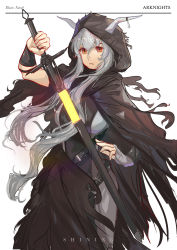 Rule 34 | 1girl, absurdres, arknights, artist name, belt, black cloak, black dress, character name, cloak, commentary, copyright name, cowboy shot, dress, english commentary, expressionless, grey hair, highres, holding, holding sword, holding weapon, hood, hooded cloak, horns, horns through headwear, long hair, looking at viewer, naoel (naoel art), parted lips, red eyes, shining (arknights), simple background, solo, sword, weapon, white background, wrist guards