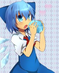 Rule 34 | ascot, bad id, bad pixiv id, blue eyes, blue hair, cirno, detached wings, heart, hiiragi ken, holding, ice, ice wings, open mouth, solo, touhou, wings