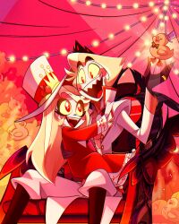 1boy 1girl absurdres blonde_hair blush_stickers chandllucky charlie_morningstar dress father_and_daughter hair_slicked_back hat hazbin_hotel highres long_hair looking_at_another lucifer_morningstar_(hazbin_hotel) red_dress sitting