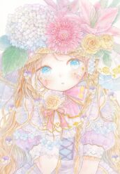 Rule 34 | 1girl, apron, beads, blonde hair, blue eyes, blue flower, blush, bow, braid, dress, flower, frills, gloves, hair flower, hair ornament, hand on own face, haruharu71069, hat, hat flower, highres, leaf, long hair, looking at viewer, original, painting (medium), parted lips, pink bow, pink flower, puffy short sleeves, puffy sleeves, purple dress, purple flower, ribbon, rose, short sleeves, solo, traditional media, upper body, watercolor (medium), white background, white flower, white gloves, yellow flower