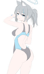 Rule 34 | 1girl, absurdres, animal ear fluff, animal ears, ass, black one-piece swimsuit, blue archive, blue eyes, breasts, competition swimsuit, covered navel, cross hair ornament, extra ears, from behind, grey hair, hair ornament, halo, highres, looking at viewer, low ponytail, medium breasts, medium hair, mismatched pupils, multicolored clothes, multicolored swimsuit, one-piece swimsuit, parted lips, shiroko (blue archive), shiroko (swimsuit) (blue archive), simple background, solo, swimsuit, white background, wolf ears, zhyseven