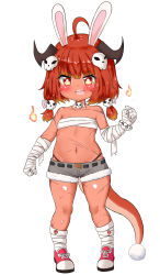 Rule 34 | 1girl, :d, absurdres, animal ear fluff, animal ears, bailingxiao jiu, bandages, bandaged arm, bandaged hand, bandaged leg, bandages, bare shoulders, black panties, blush, budget sarashi, rabbit ears, clenched hand, collarbone, colored skin, dragon girl, dragon horns, dragon tail, fire, full body, fur-trimmed shorts, fur trim, grey shorts, hair ornament, hair ribbon, hand up, highleg, highleg panties, highres, horns, looking at viewer, low twintails, navel, open mouth, original, panties, pink ribbon, red eyes, red footwear, red hair, red skin, ribbon, sarashi, sharp teeth, shoes, short shorts, shorts, simple background, skull-shaped pupils, skull hair ornament, smile, solo, standing, symbol-shaped pupils, tail, teeth, twintails, underwear, white background