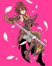 Rule 34 | 1girl, armor, blonde hair, boots, breastplate, brown eyes, cutlass, falling petals, full body, gate of nightmares, gauntlets, gradient hair, highres, holding, holding sword, holding weapon, knee boots, looking at viewer, mashima hiro, medium hair, multicolored hair, official art, pants, petals, quinn (gate of nightmares), red footwear, red hair, simple background, sleeveless, solo, sword, transparent background, weapon, white pants