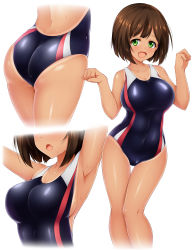 Rule 34 | 10s, 1girl, :d, armpits, arms up, ass, back cutout, bare arms, bare legs, bare shoulders, black one-piece swimsuit, blush, breasts, brown hair, clothing cutout, collarbone, competition swimsuit, covered navel, dimples of venus, fang, from behind, highres, idolmaster, idolmaster cinderella girls, kuragari, looking at viewer, lower body, maekawa miku, medium breasts, multiple views, one-piece swimsuit, one-piece tan, open mouth, short hair, sideboob, simple background, skin tight, smile, sweatdrop, swimsuit, tan, tanline, thigh gap, thighs, tooth, upper body, white background