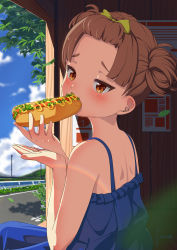 Rule 34 | 1girl, absurdres, artist name, bare shoulders, blue sky, blunt bangs, blush, bow, brown eyes, brown hair, bus stop, character request, cloud, cloudy sky, commentary request, copyright request, day, dress, eating, feca, food, food in mouth, from behind, hair bow, hairstyle request, highres, holding, holding food, horizon, hot dog, leaf, lettuce, mountain, mustard, outdoors, scenery, shoulder blades, signature, sky, sleeveless, solo, spaghetti strap, summer, tree, yellow bow