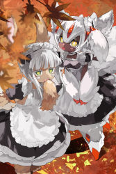 Rule 34 | 1girl, 1other, :o, alternate costume, animal ears, apron, arm up, autumn leaves, barefoot, black bow, black dress, black hair, blunt bangs, bob cut, bow, breasts, bright pupils, brown fur, choker, claws, commentary request, dark-skinned female, dark skin, detached collar, dress, enmaided, extra arms, fangs, faputa, fewer digits, frilled apron, frilled choker, frilled dress, frills, furry, green eyes, grey hair, hair between eyes, hand to own mouth, highres, horizontal pupils, ichi (two too 22), inverted bob, leaf, leaning forward, legs apart, looking at viewer, made in abyss, maid, medium hair, multiple tails, nanachi (made in abyss), neck ribbon, open mouth, orange background, puffy short sleeves, puffy sleeves, ribbon, short sleeves, small breasts, standing, tail, teeth, upper teeth only, v arms, very dark skin, whiskers, white apron, white fur, white hair, white pupils, white ribbon, yellow eyes, yellow pupils
