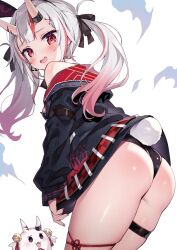 Rule 34 | 1girl, animal ears, ass, ayaoshiro, black jacket, black leotard, black ribbon, blush, fake animal ears, fake tail, fang, from side, gradient hair, grey hair, hair ribbon, highres, hololive, horns, jacket, leotard, looking at viewer, multicolored hair, nakiri ayame, nakiri ayame (streetwear), off-shoulder jacket, off shoulder, oni, open mouth, playboy bunny, rabbit ears, rabbit tail, red eyes, red hair, ribbon, skin-covered horns, smile, solo, standing, streaked hair, tail, thigh strap, thighs, twintails, virtual youtuber