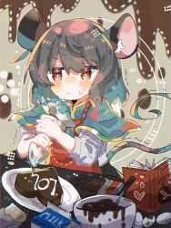 Rule 34 | 1girl, animal ears, apron, black dress, blue capelet, blush, book, candy, capelet, chocolate, chocolate heart, closed mouth, dress, egg, food, grey hair, heart, highres, holding, long sleeves, mixing bowl, mouse ears, mouse tail, nazrin, one-hour drawing challenge, red apron, red eyes, shirt, short hair, solo, tail, touhou, udoku oekaki, white shirt