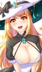 Rule 34 | 1girl, anisdrawn, blonde hair, breasts, cleavage, hat, highres, large breasts, long hair, looking at viewer, mythra (xenoblade), open mouth, smile, solo, witch hat, xenoblade chronicles (series), xenoblade chronicles 2, yellow eyes