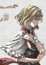 Rule 34 | 1girl, alice margatroid, blonde hair, blue eyes, book, bow, capelet, doll joints, expressionless, hair bow, joints, mitsunara, necktie, sash, short hair, solo, string, touhou, wrist cuffs