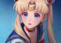 Rule 34 | 1girl, bishoujo senshi sailor moon, blonde hair, blue eyes, blue sailor collar, blush, breasts, choker, circlet, collarbone, commentary, crescent, crescent earrings, derivative work, earrings, hair ornament, hair over shoulder, heart, heart choker, jewelry, long hair, looking at viewer, meme, noriuma, open mouth, parted bangs, red choker, sailor collar, sailor moon redraw challenge (meme), solo, sweatdrop, tsukino usagi, twintails, upper body