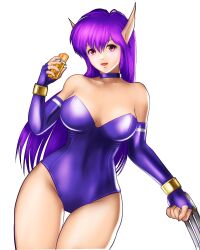 Rule 34 | 1girl, bare shoulders, breasts, bridal gauntlets, candy wrapper, choker, claw (weapon), cleavage, collarbone, commentary request, covered navel, cowboy shot, elbow gloves, fingerless gloves, food, gloves, highleg, highleg leotard, highres, holding, holding food, large breasts, leotard, long hair, long pointy ears, looking at viewer, mutant, nei, phantasy star, phantasy star ii, pointy ears, purple choker, purple hair, purple leotard, red eyes, simple background, solo, strapless, strapless leotard, thick thighs, thigh gap, thighs, weapon, west-maison