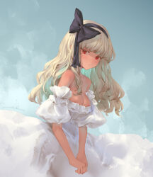 Rule 34 | 1girl, areola slip, bare shoulders, black bow, black hairband, blonde hair, blue background, blush, bow, breasts, cleavage, commentary request, dark-skinned female, dark skin, detached sleeves, dress, expressionless, hair bow, hairband, highres, io (io oekaki), long hair, looking at viewer, medium breasts, original, puffy detached sleeves, puffy sleeves, red eyes, solo, strapless, strapless dress, tan, wavy hair, white dress